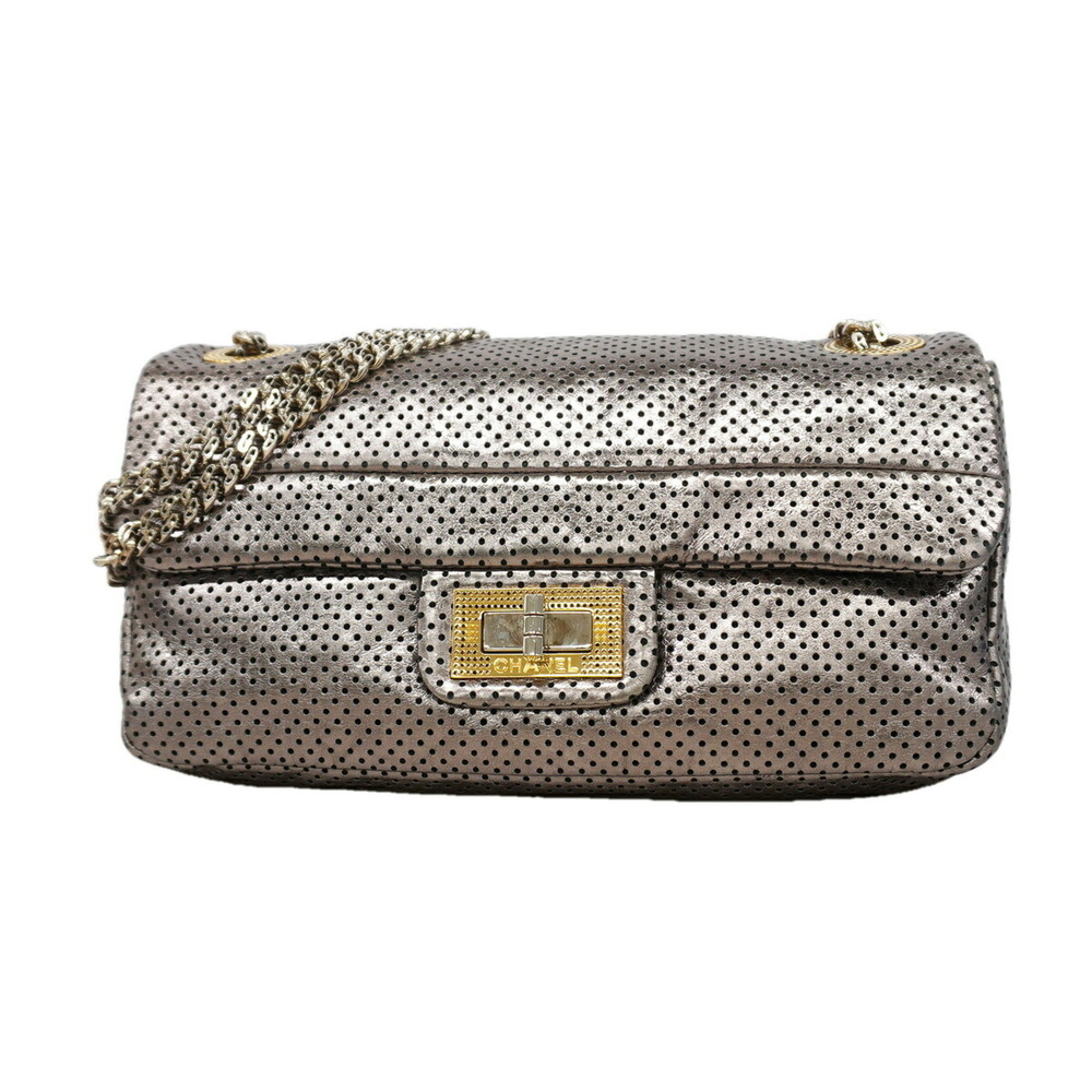 Chanel Shoulder Bag 2.55cm Double Chain Perforated Leather Silver Gold Women's
